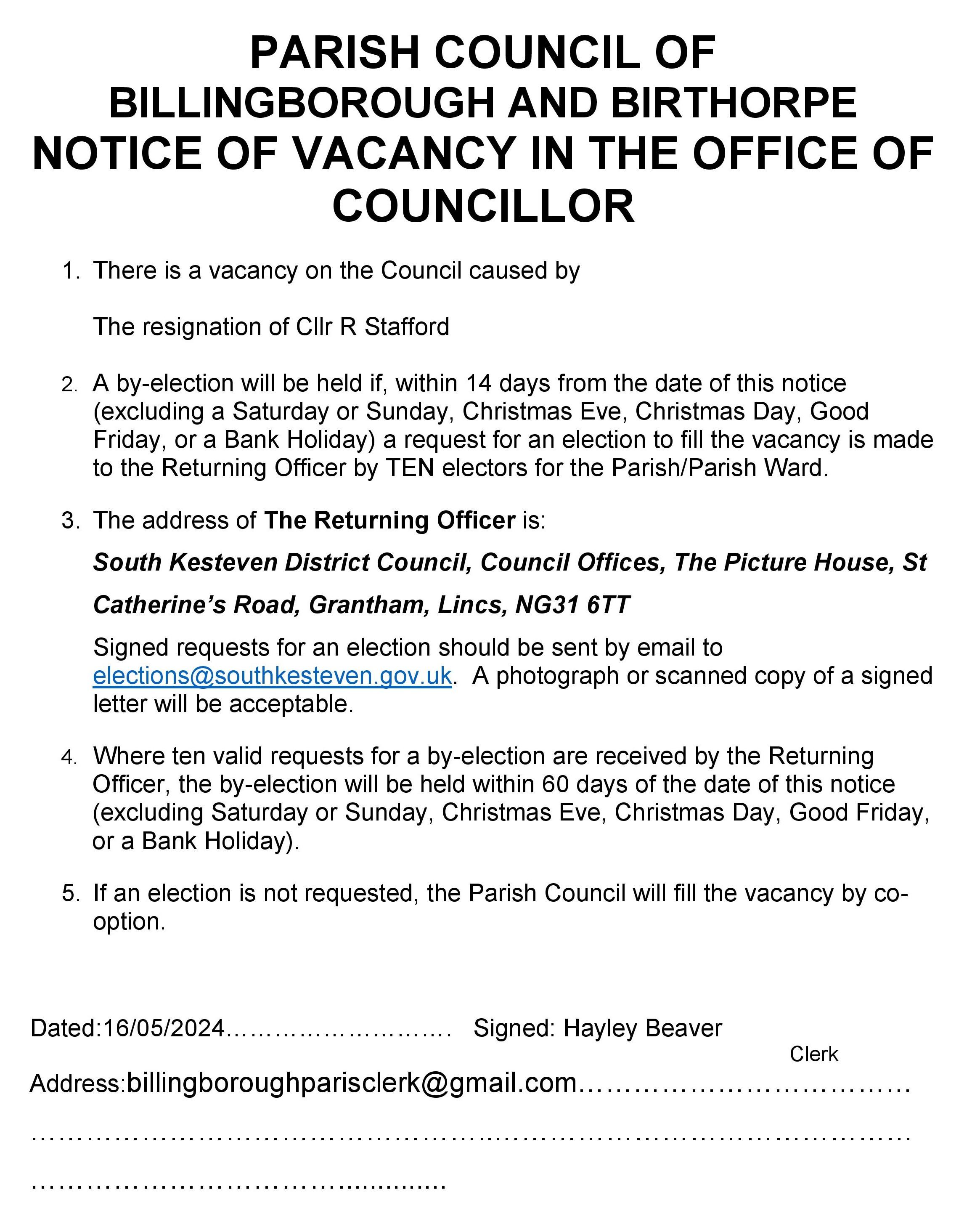 Notice of vacancy r stafford may 24